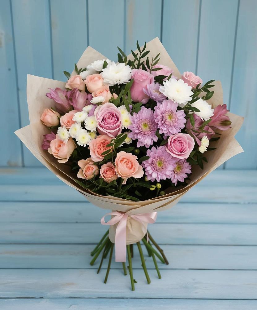 Букет цветов из: Хризантемы, Розы и Альстромерии в Красном Октябре Ставропольского края