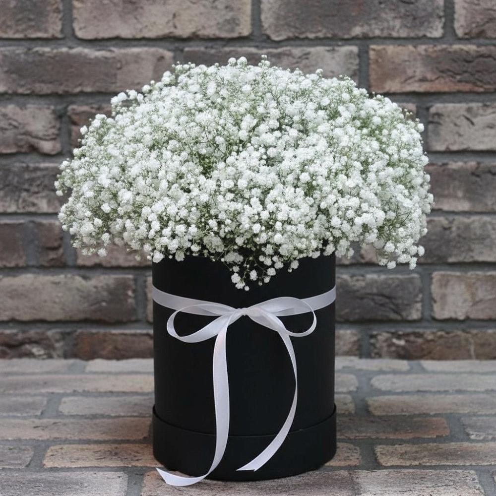 Цветочная композиция из Гипсофила в шляпной коробке в Красном Октябре Ставропольского края