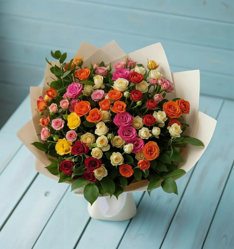Букет Микс из разноцветных кустовых роз в Красном Октябре Ставропольского края