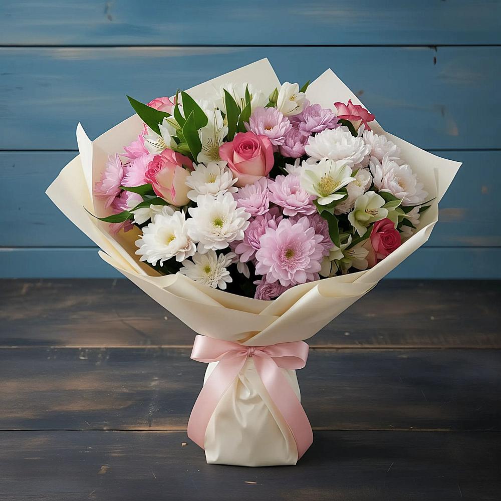 Букет цветов из: Хризантемы, Альстромерии и Розы в Красном Октябре Ставропольского края